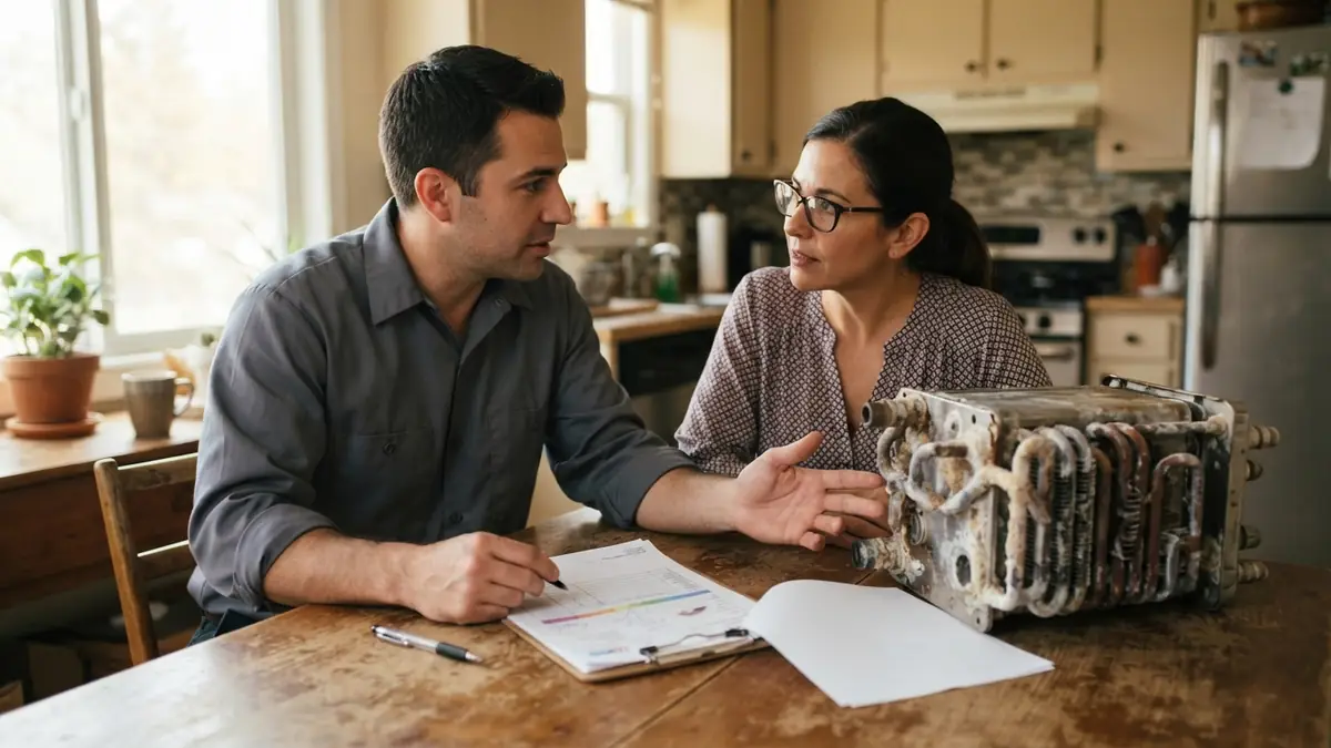 Tankless water heater repair or replace: technician and homeowner at a kitchen table over a printed quote sheet with an old heat exchanger part on the table