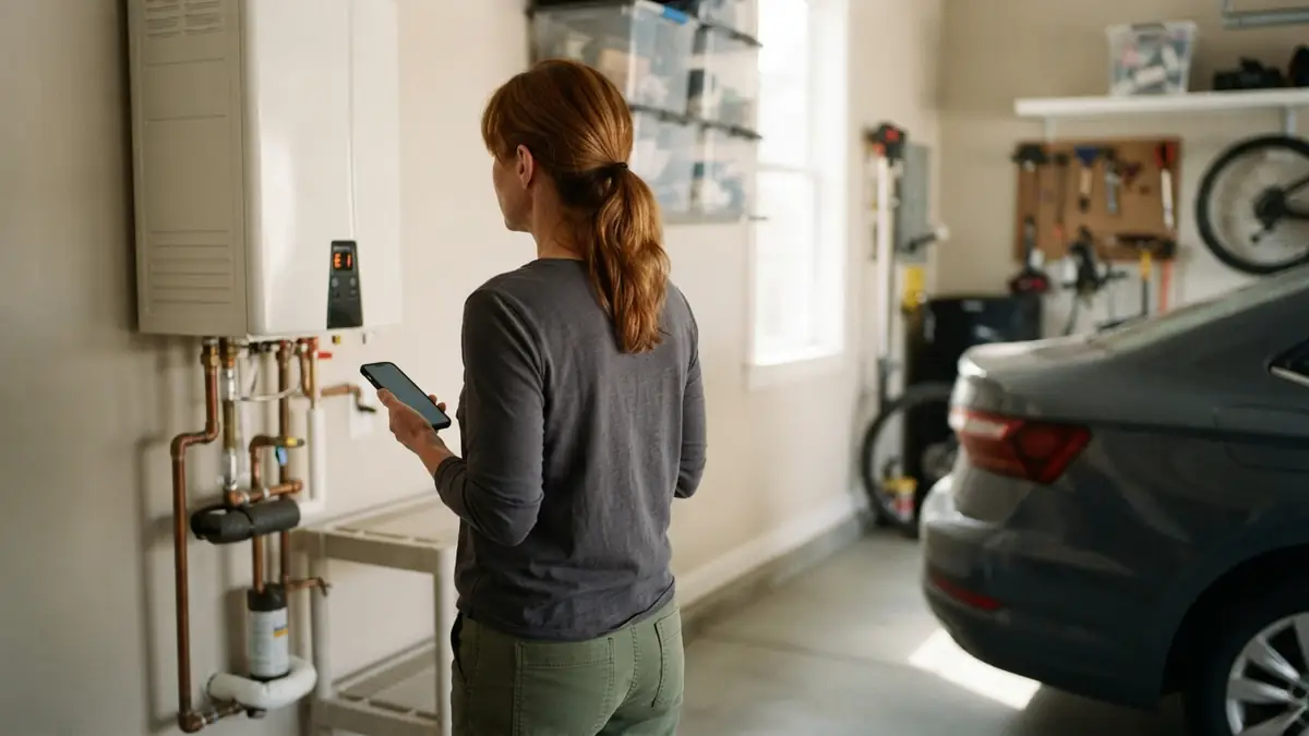 Tankless water heater error codes: homeowner in a garage reading a two-digit error code on the display of a wall-mounted tankless unit while holding a phone