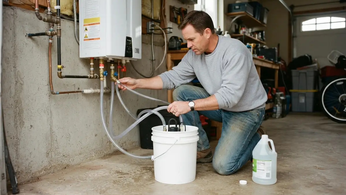 How to flush a tankless water heater: homeowner kneeling in a garage with a pump in a white bucket and two hoses on the service valves under a tankless unit, a jug of white vinegar beside