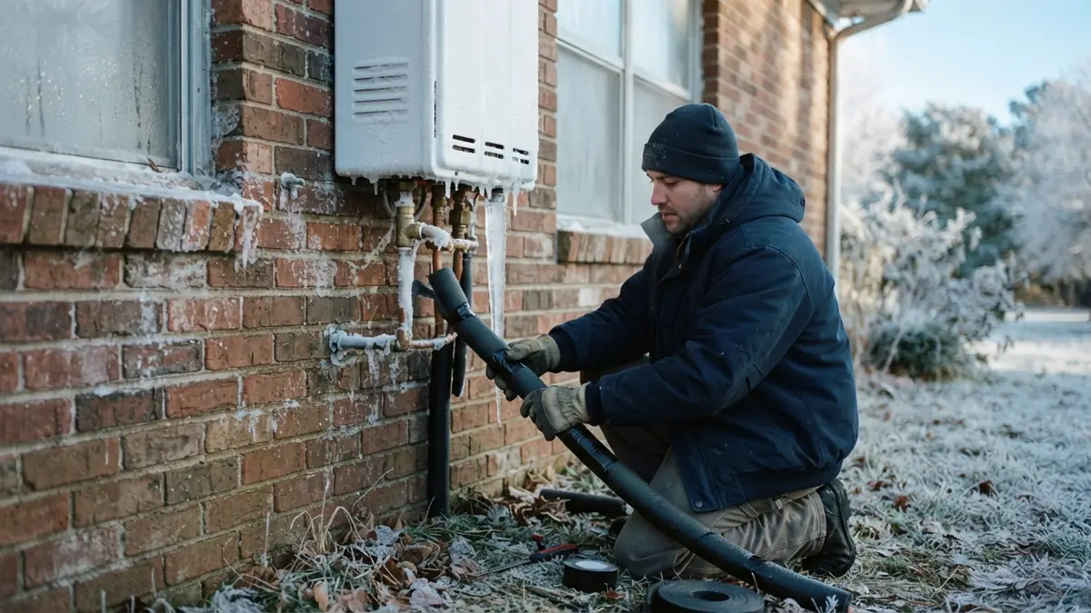 Frozen tankless water heater: an outdoor tankless unit on a brick wall with frost and an icicle on the pipe fittings below it while a technician in a winter jacket wraps foam insulation