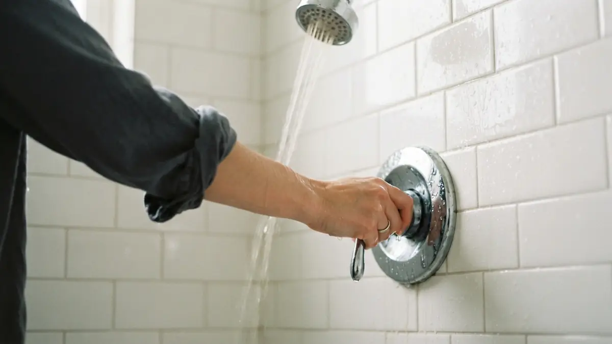 Tankless water heater hot then cold: a hand testing the stream and adjusting the valve in a bathroom shower