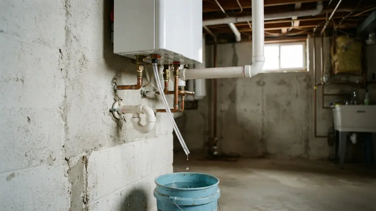 Tankless water heater leaking: water dripping from the condensate line of a wall-mounted condensing tankless unit into a small bucket