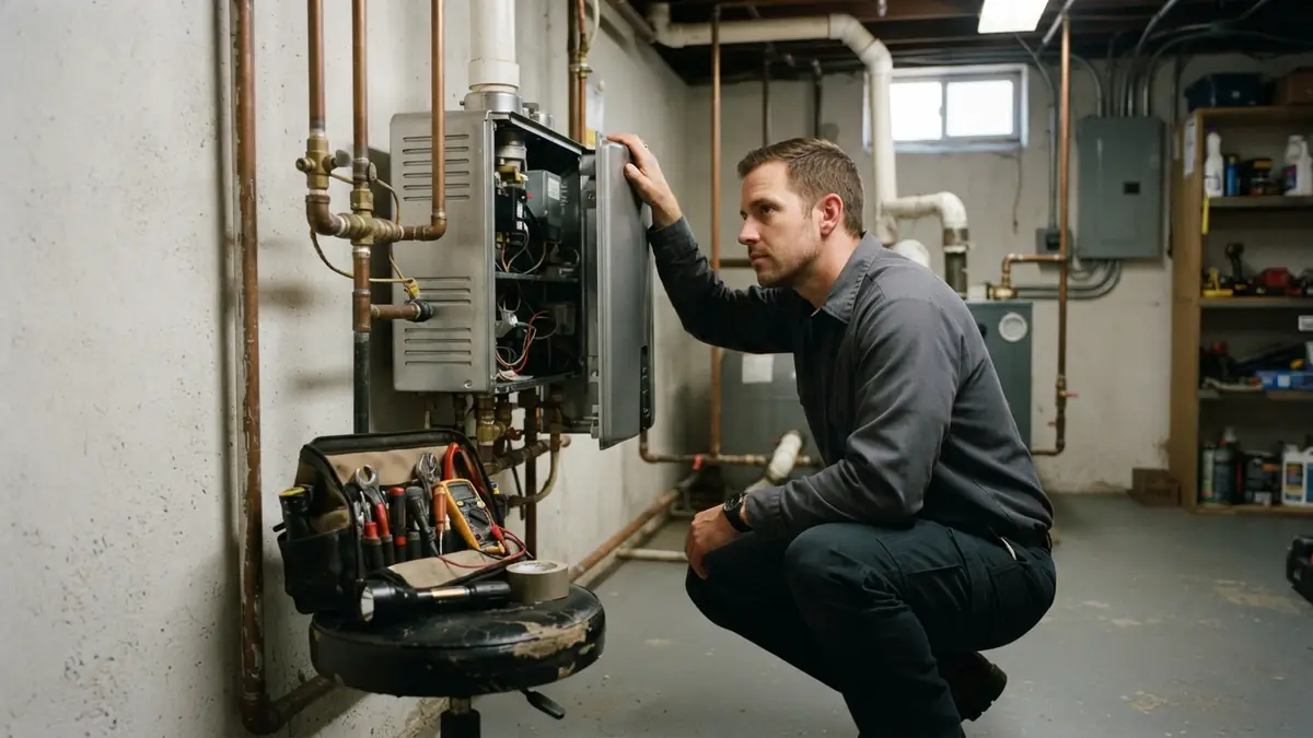 Tankless water heater making noise: a technician with an ear near the open side of a tankless unit, listening with a hand on the cabinet