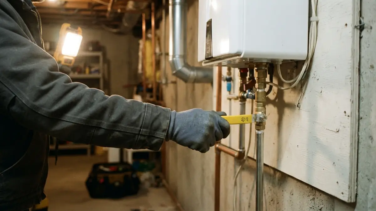 Tankless water heater not heating: technician checking the open gas shutoff handle on the gas line to a wall-mounted tankless unit