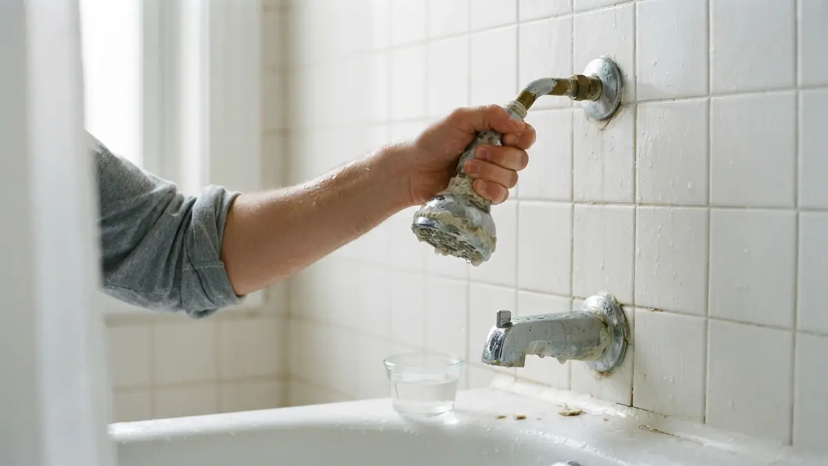 Tankless water heater keeps shutting off: a hand unscrewing a shower head crusted with white mineral scale over a bathtub, with a cup of vinegar beside