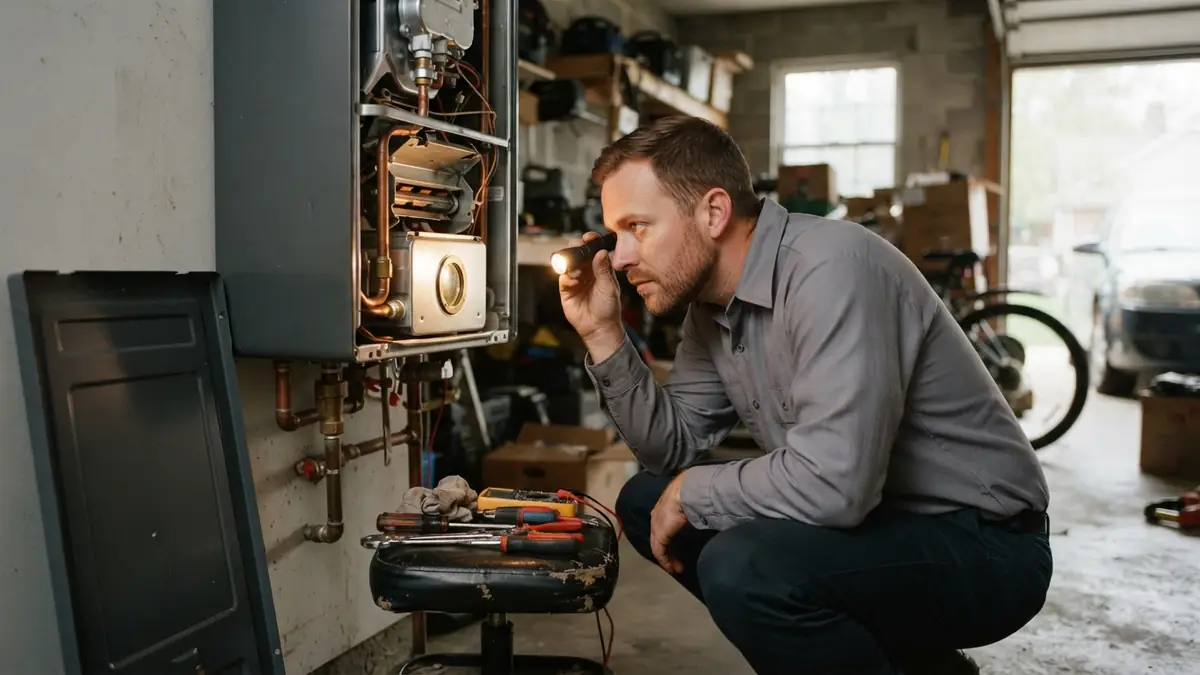 Tankless water heater won't ignite: technician with a flashlight looking through the sight glass of a tankless unit's burner chamber