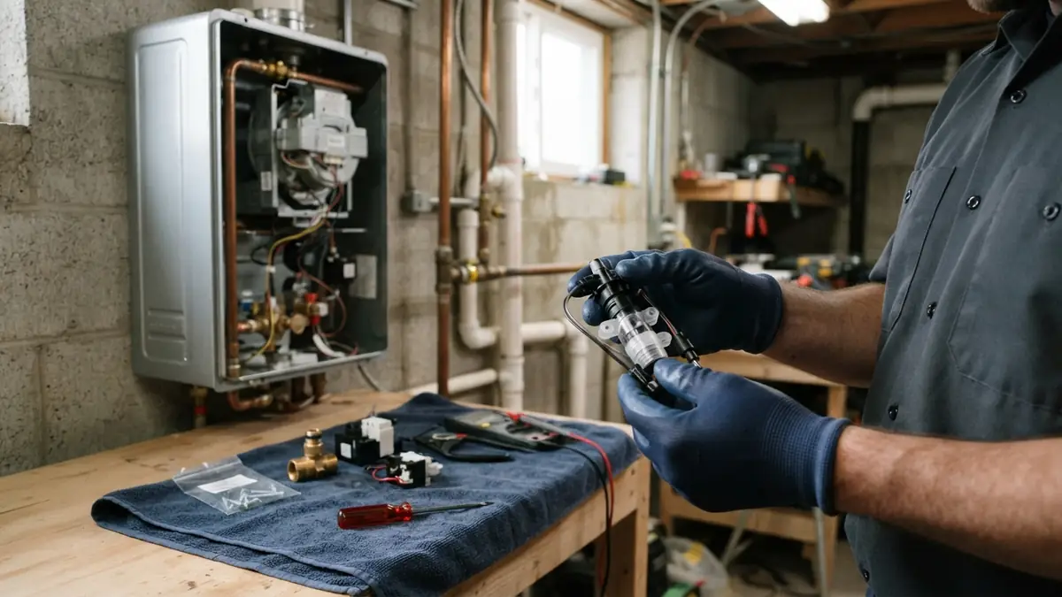Flow sensor being replaced inside an open unit during tankless water heater repair in Apache Junction, AZ