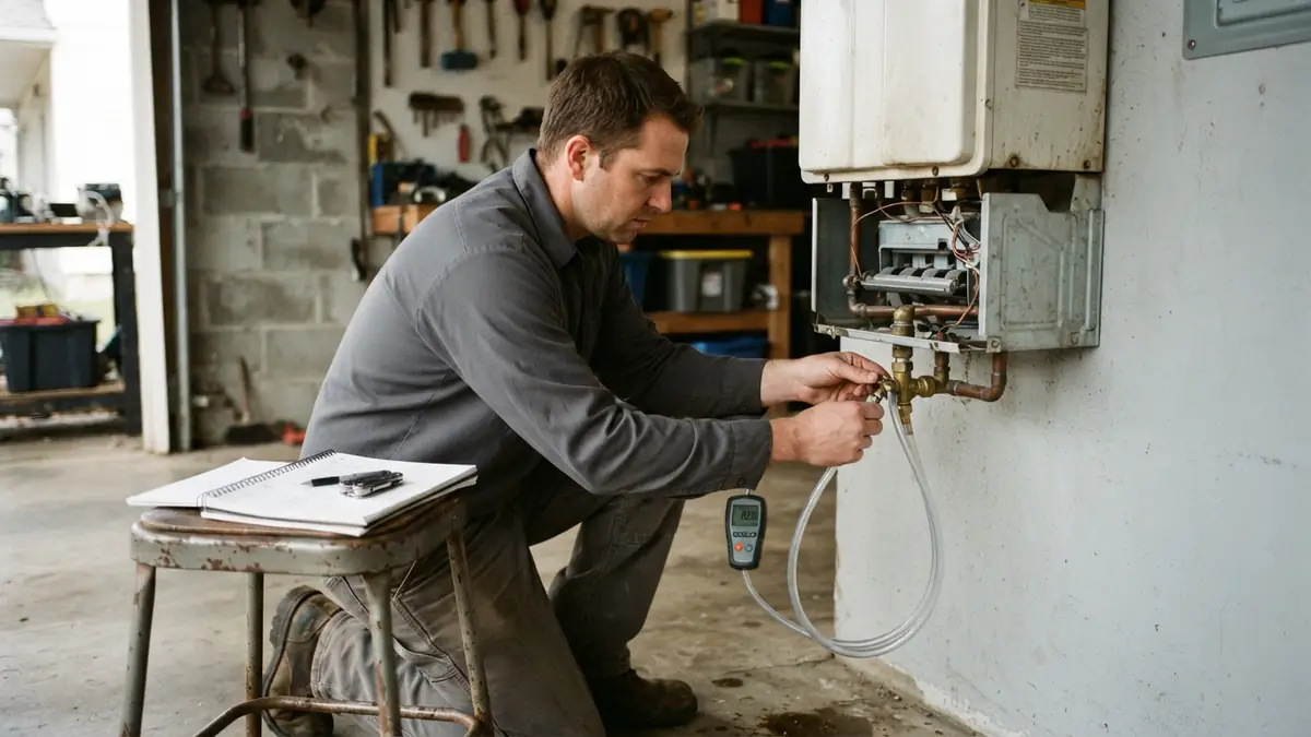 Gas pressure measured at the test port during tankless water heater repair in Fairborn, OH