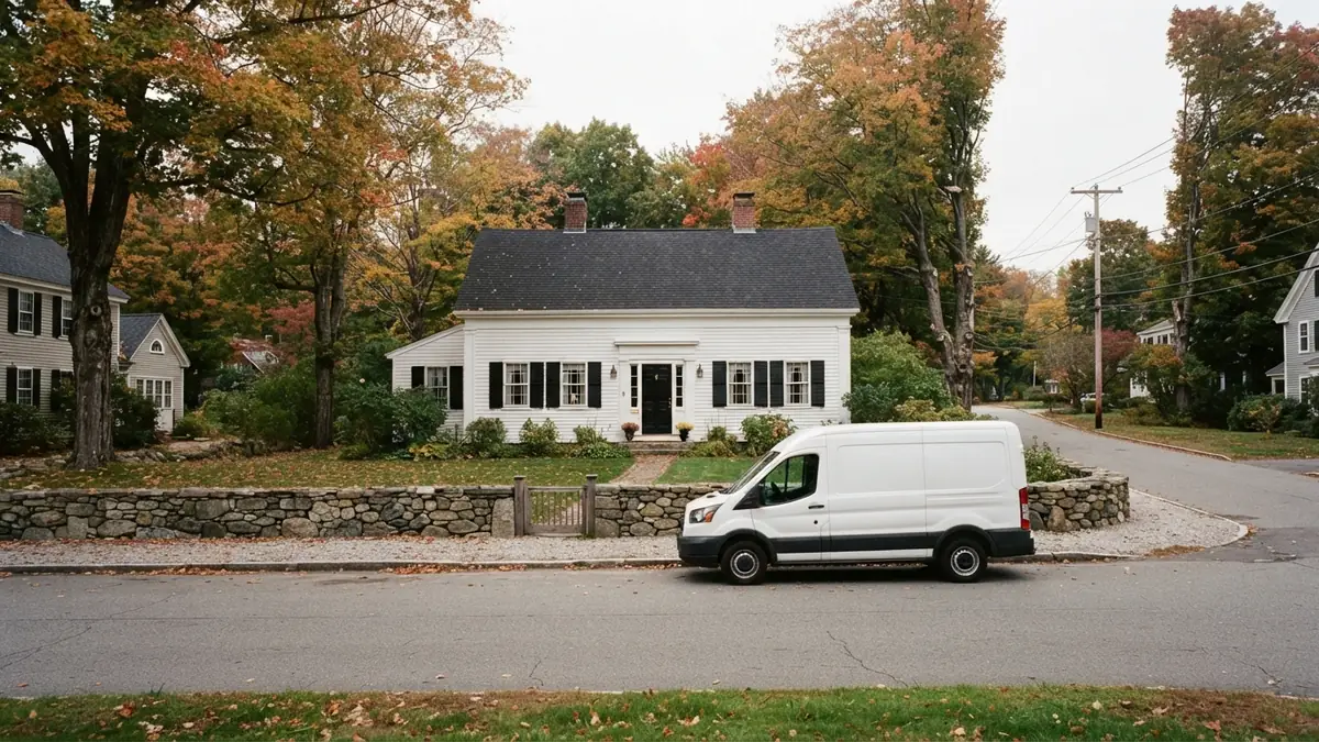 White clapboard colonial with a service van outside, booked for tankless water heater repair in Belmont, MA