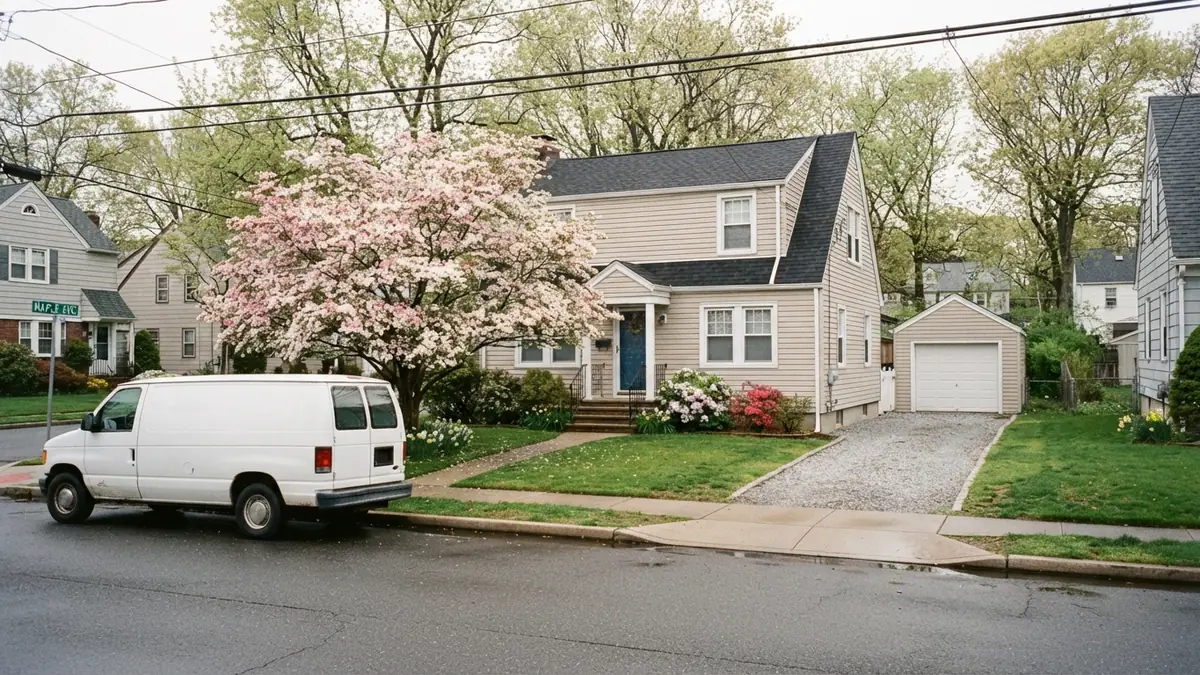 Older new jersey colonial with a service van outside, booked for tankless water heater repair in Carteret, NJ