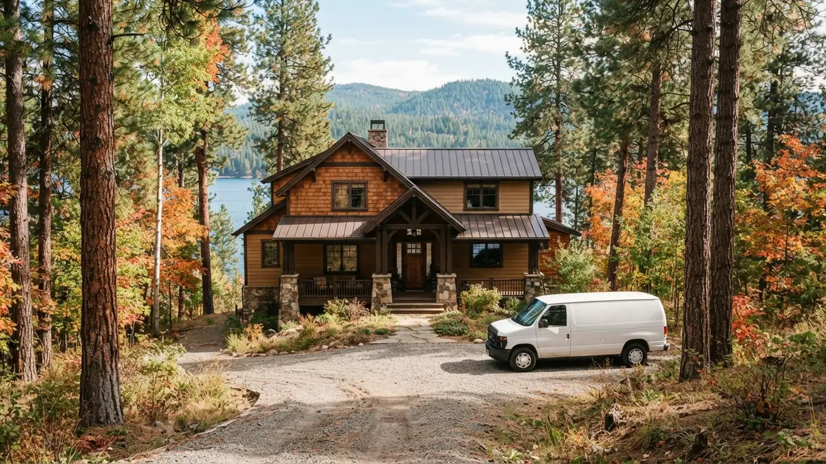 Lake-country craftsman home with a service van outside, booked for tankless water heater repair in Coeur d'Alene, ID