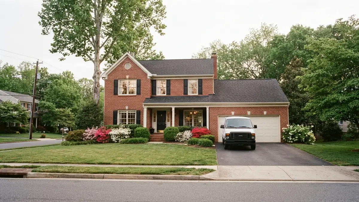 Brick colonial with a service van outside, booked for tankless water heater repair in Crofton, MD
