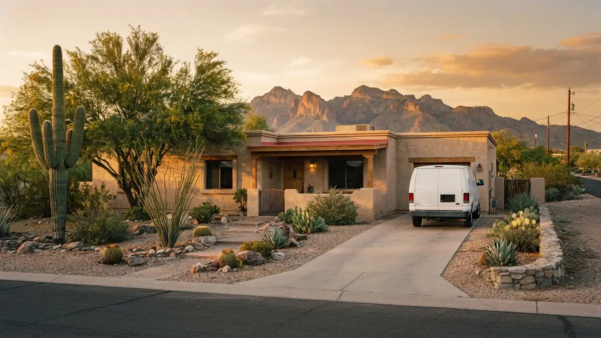 Stucco desert home with a service van outside, booked for tankless water heater repair in Goodyear, AZ