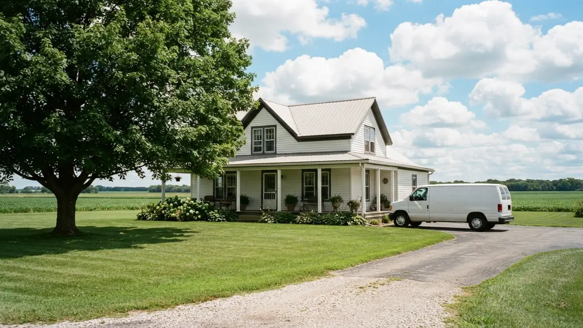 Midwestern farmhouse-style home with a service van outside, booked for tankless water heater repair in Grandview, MO
