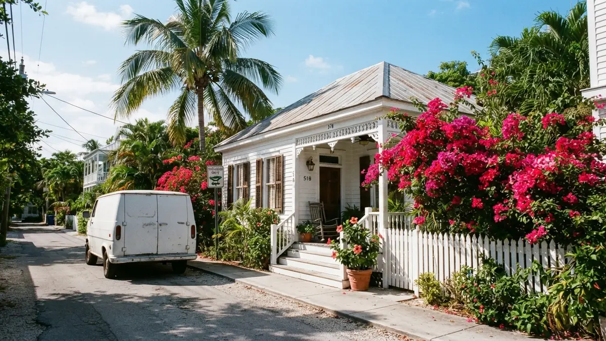 Wooden conch house with a service van outside, booked for tankless water heater repair in Key West, FL