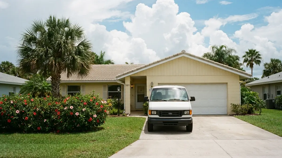 Concrete-block stucco home with a service van outside, booked for tankless water heater repair in Lehigh Acres, FL