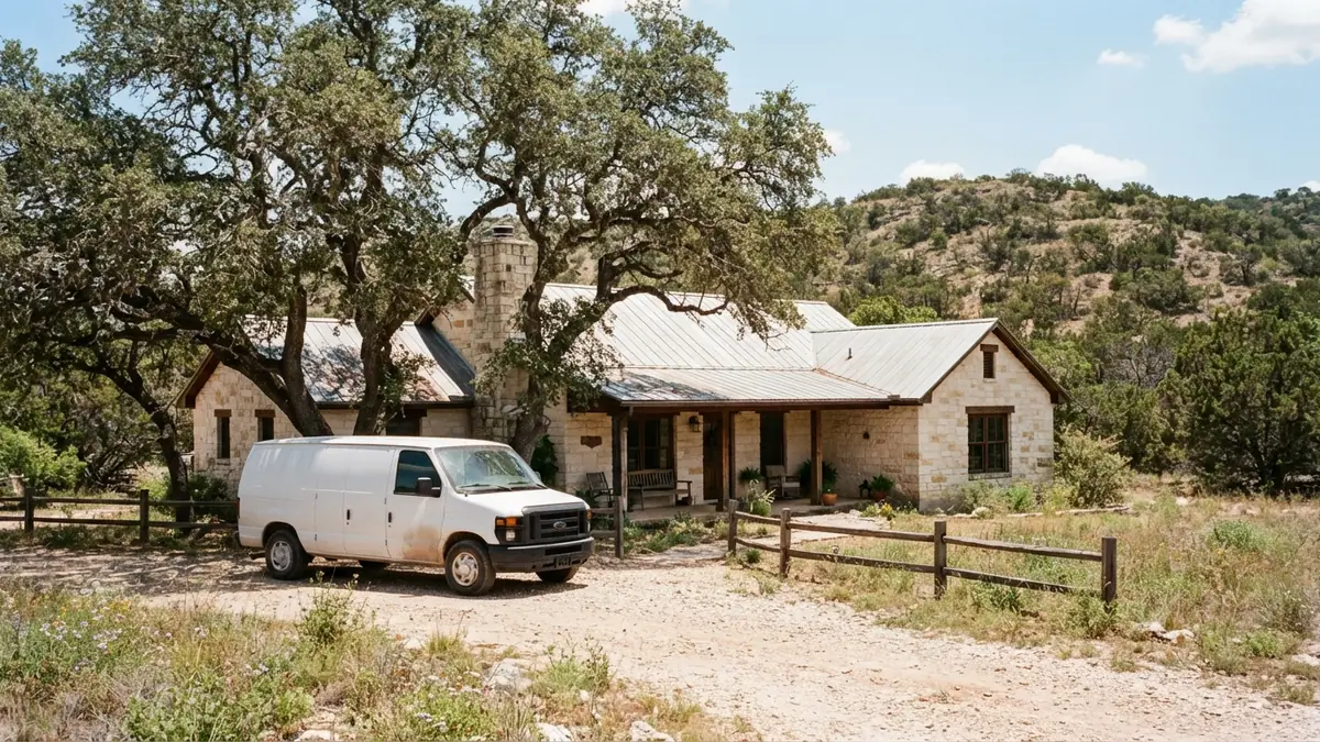 Limestone ranch home with a service van outside, booked for tankless water heater repair in New Braunfels, TX