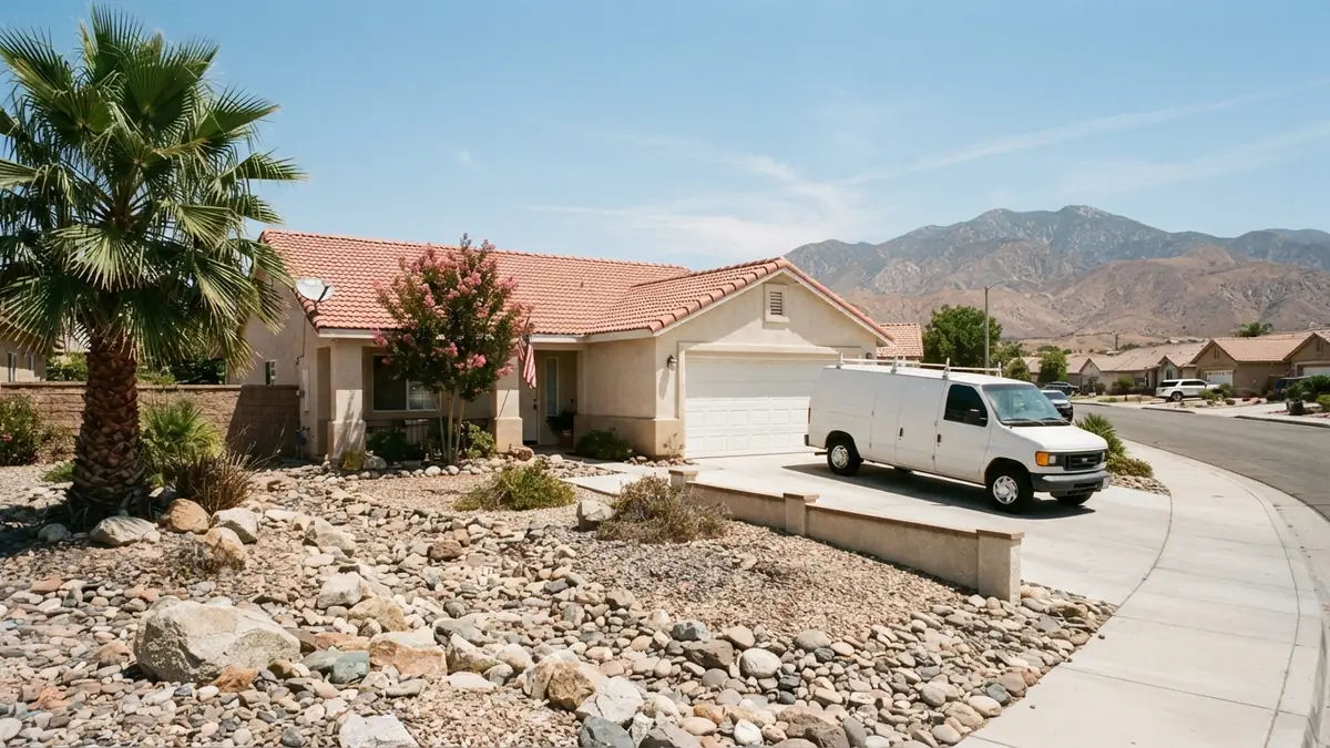 Stucco home with a tile roof with a service van outside, booked for tankless water heater repair in Perris, CA