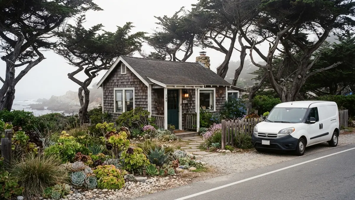 Coastal cottage with a service van outside, booked for tankless water heater repair in Seaside, CA