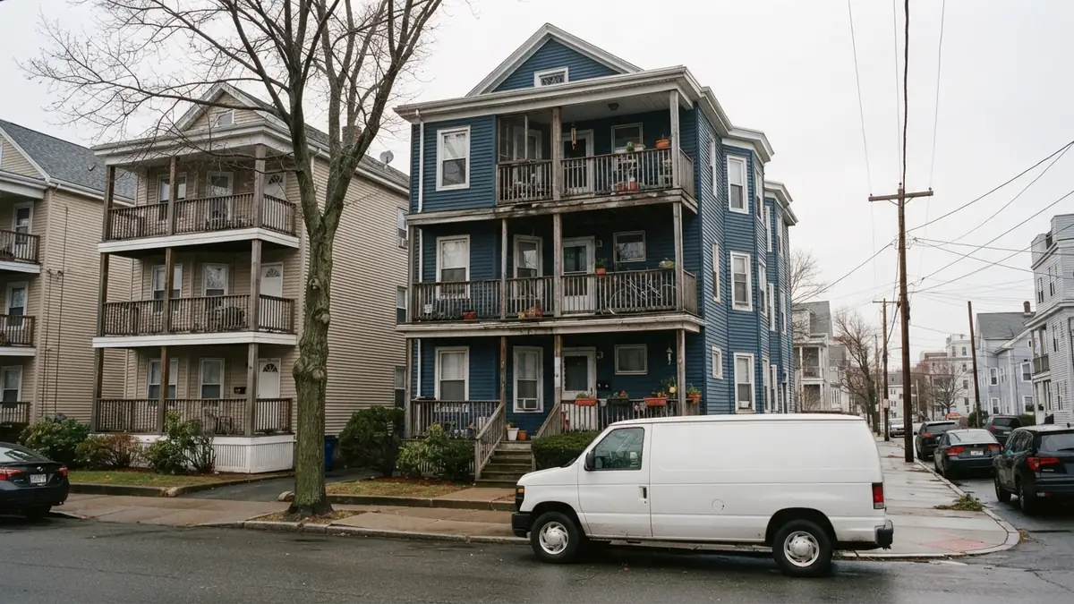 Triple-decker house with a service van outside, booked for tankless water heater repair in Somerville, MA