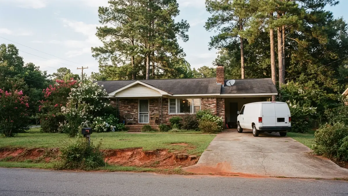 Brick ranch under pines with a service van outside, booked for tankless water heater repair in Thomasville, NC