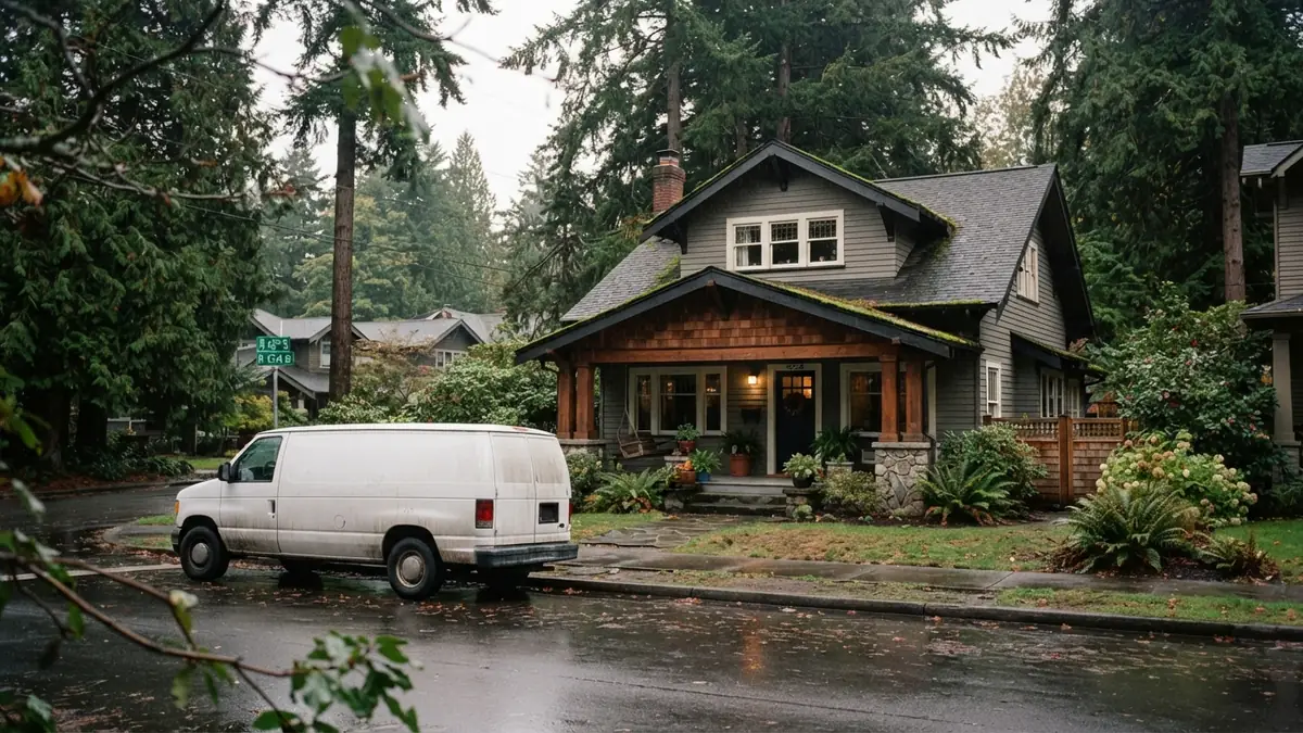 Craftsman home under evergreens with a service van outside, booked for tankless water heater repair in Tualatin, OR
