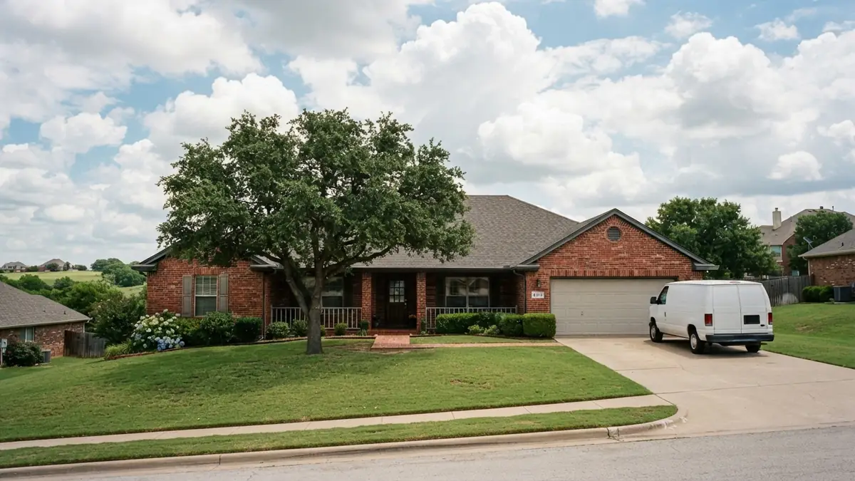Brick ranch home with a service van outside, booked for tankless water heater repair in Weatherford, TX