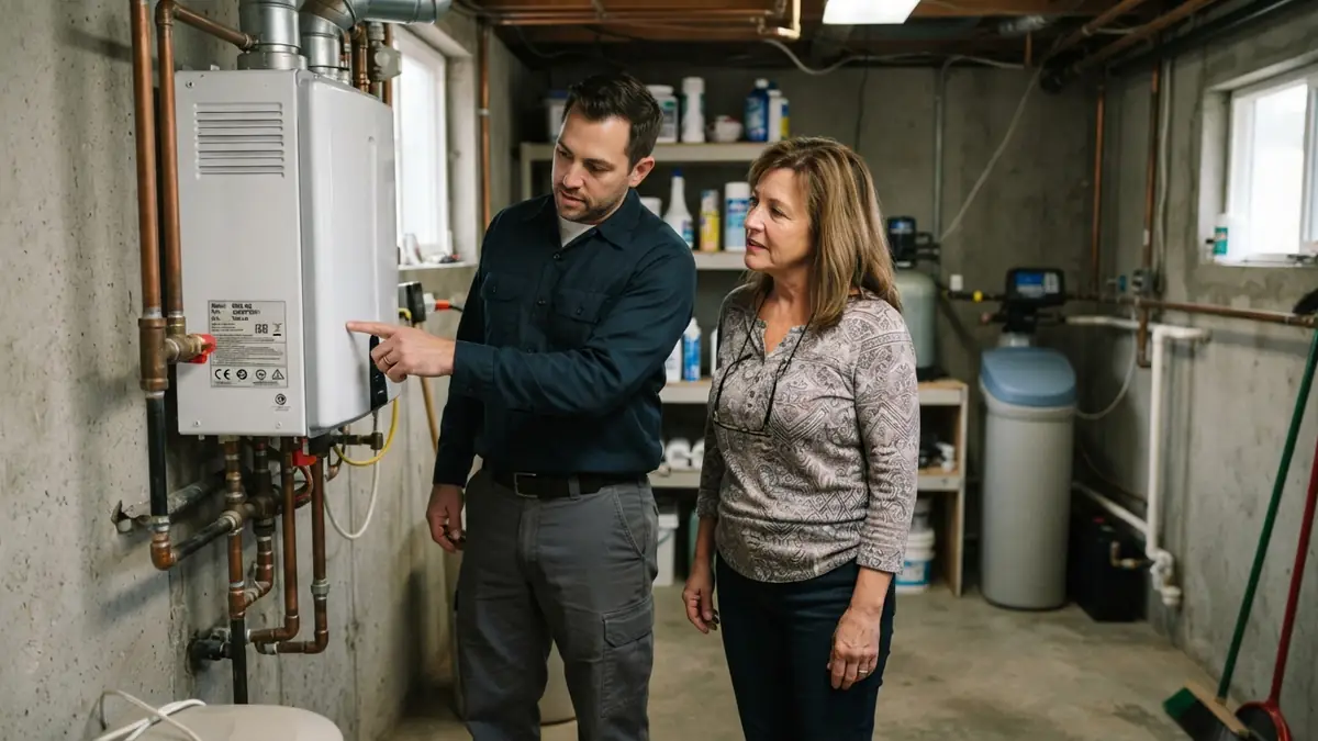 Model label read with the homeowner before tankless water heater repair in Melrose, MA
