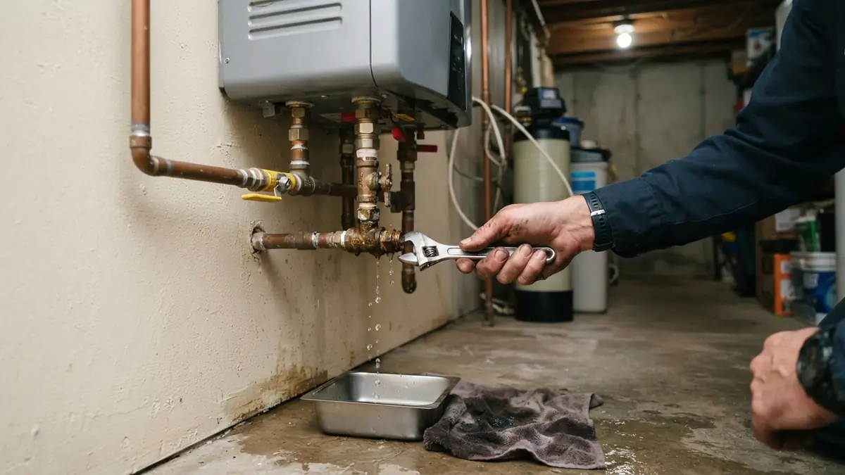 Drip at the service valves under the unit, traced during tankless water heater repair in Melrose, MA