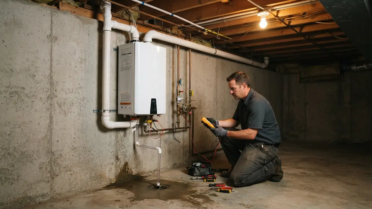 Condensing tankless unit with PVC vents on a basement wall, serviced during tankless water heater repair in Milton, MA
