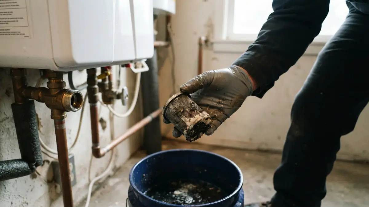 Debris-coated inlet filter screen removed during tankless water heater repair in Passaic, NJ