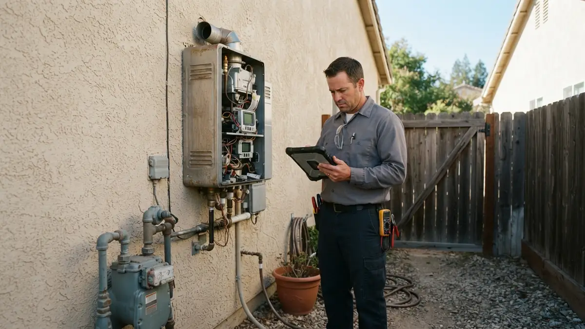 Outdoor tankless unit with its cover open on an exterior wall during tankless water heater repair in Seaside, CA