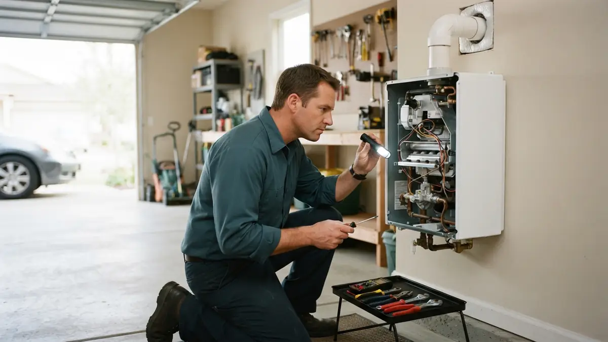 Technician with the cover off a gas tankless unit in a garage during tankless water heater repair in Tarpon Springs, FL