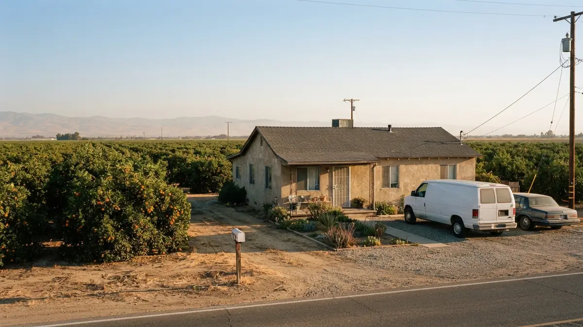 Ranch home near the orchards with a service van outside, booked for tankless water heater repair in Biola, CA