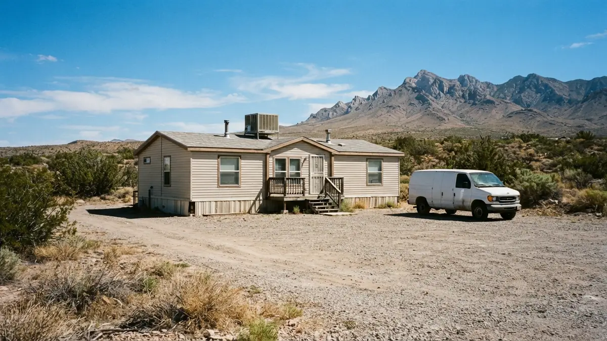 Desert ranch home with a service van outside, booked for tankless water heater repair in Laughlin, NV