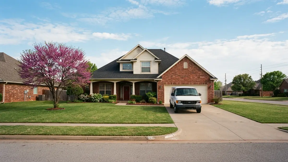 Brick home on the plains with a service van outside, booked for tankless water heater repair in Elgin, OK