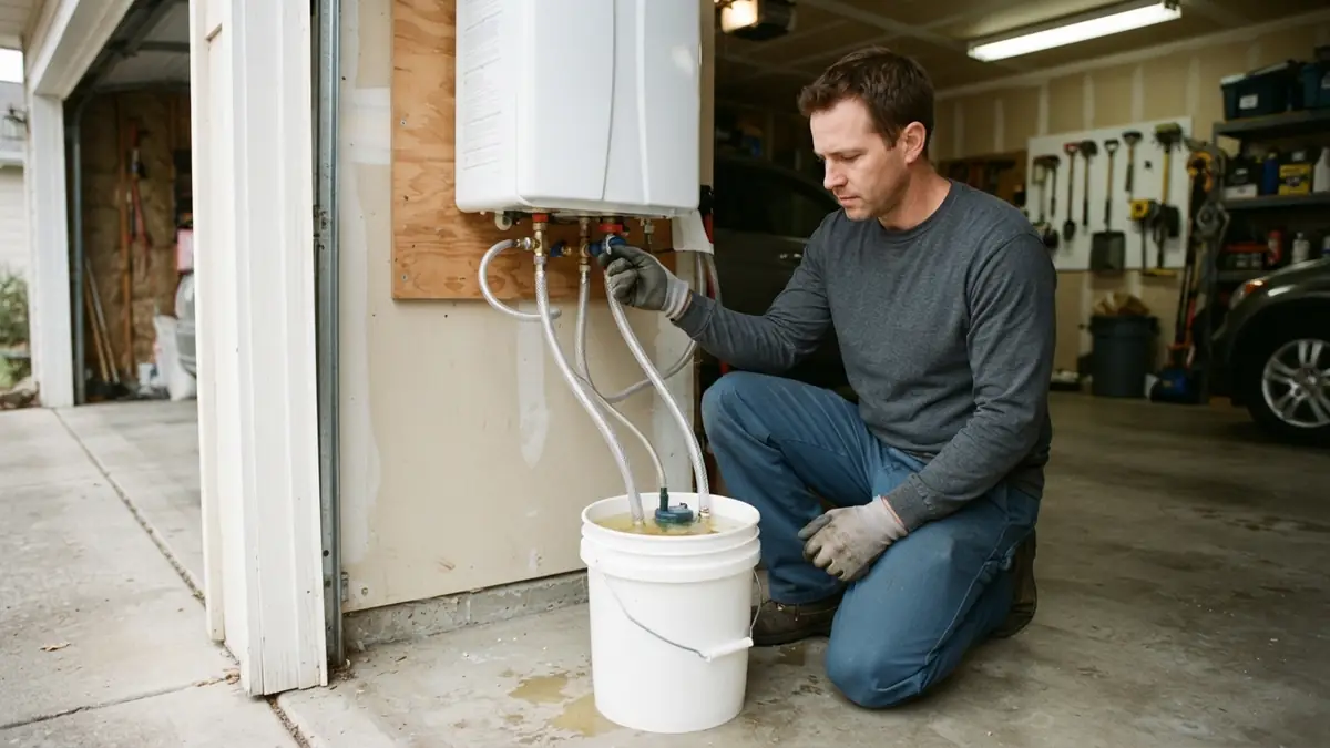 Descaling pump connected to the service valves during tankless water heater repair